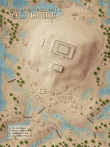 Desert-style version of Olderile, centered on a massive sunken ziggurat with nearby ruins. Perfect for ancient curse campaigns, archaeological expeditions, or forgotten temple lore in arid lands.