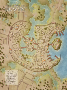Spring variant map of Duwyn, a crescent-shaped settlement with piers, taverns, and glowing waterways. Ideal for whimsical adventures, seasonal festivals, or strange occurrences in a quiet town.