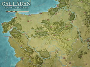 Top-down map of the southern clans of Galladan, marked by forested hills, rivers, and mountain borders. A versatile setting for tribal warfare, ancient alliances, or rugged frontier exploration in fantasy worlds.