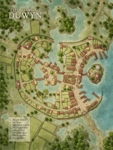 Verdant map of Duwyn with canals, huts, and marsh walkways. Ideal for nature-linked adventures, bog-bound mysteries, or small-town festivals in a lively springtime vibe.