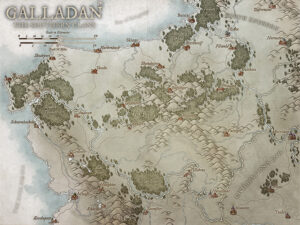 Desaturated version of the tribal region of Galladan, featuring rugged mountains, river valleys, and dense forests. Great for low-magic clan wars, wild terrain travel, and cultural intrigue.