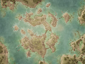 Untitled map of a half-submerged settlement with stilted buildings across vibrant green swampland. Ideal for stories of bog-dwelling cultures, smugglers, or eerie swamp-born secrets.