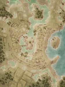 Overhead illustration of a lagoon-side village with marsh terrain, docks, and winding roads – designed for waterlogged encounters, merchant towns, and coastal fantasy adventures.
