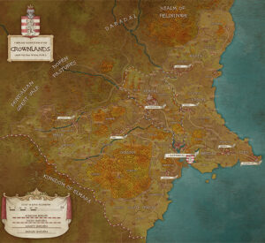Vibrant fantasy map of the Crownlands shown in autumnal hues. Highlights political borders, forests, and strongholds. Excellent for kingdom-spanning adventures, royal rivalries, or harvest festivals.