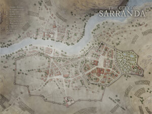 Walled riverside fantasy city map of Sarranda, showing palaces, cathedrals, and districts across a winding river. Ideal for noble conflicts, border politics, and siege defense plots.