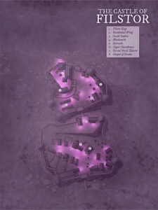 Dark fantasy castle map of Filstor, illuminated with arcane hues. Features layered keeps, stables, and battlements. Designed for siege adventures, royal intrigues, or haunted fortresses.