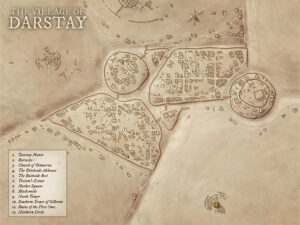 Arid village map of Darstay, spread across multiple districts with ancient towers and ruined temples. Excellent for desert ruins, tower mysteries, and ancient magic buried beneath the sands.