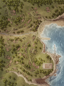 Fantasy coastal ruins map with crumbled structures, rocky shorelines, and forest encroachment. Ideal for scavenger hunts, forgotten relics, or pirate hideouts.