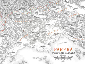 Detailed regional map of Parera in Western Elmara, showing jagged mountain ranges, trade cities, and ancient forests. Designed for large-scale campaigns and epic overland travel.