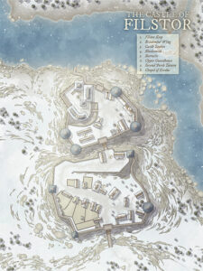 Snow-covered castle grounds of Filstor, featuring twin keeps, a frozen moat, and key areas like the Second Perch Tavern and Chapel of Kordus. A perfect map card for wintry sieges or fortress infiltration scenes.