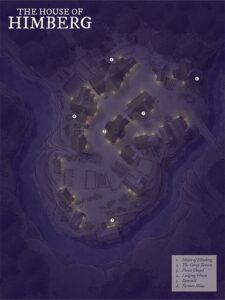 The House of Himberg, nestled in a forested valley and glowing at night. Points of interest include the Creepy Tavern and the Poet’s Chapel, suggesting secrets, isolation, and rural intrigue in a fantasy world.