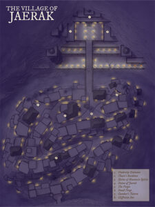 Twilight map of Jaerak, a coiled riverside village with glowing rooftops. Features include the Shrine of Mountain Spirits, Gambari’s Tavern, and Undercliff entrance—perfect for secret societies and undercity expeditions.
