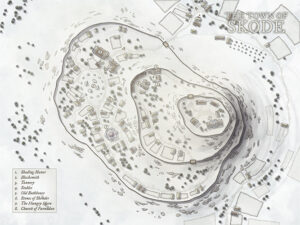 Snowy elevation map of the town of Skode, featuring concentric ridgelines, small structures, and locations like the Stone of Skolder and the Hungry Horn—evoking a cold, isolated highland village in a fantasy realm.