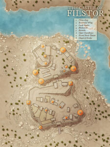 Coastal stronghold map of Filstor Castle, showing two walled compounds with stables, chapel, and keep. The snowy landscape is replaced with arid terrain—excellent for fortress sieges or noble intrigue.