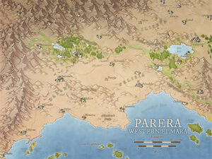 Expansive fantasy map of Parera in Western Elmara, featuring coastal cities, desert plains, lush forests, and fortified towns along mountain ridges. A perfect realm for trade routes, political strife, and cross-region storytelling.