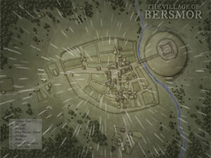 Top-down map of the village of Bersmor featuring labeled buildings, fortifications, and a central keep – ideal for medieval-themed adventures, small-town encounters, and RPG scenario planning.