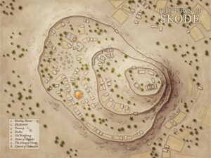 Detailed fantasy village map of Skode with tiered hilltop layout, blacksmith, manor, church, and tavern – perfect for rural RPG adventures.