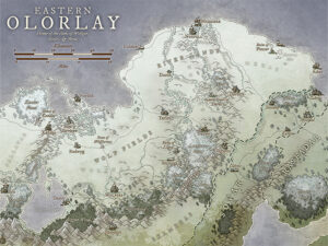 Frostbitten, highland map of Eastern Olorlay with wide tundras, glacial rivers, and stone citadels like Wolfcrest and Nordok. Suited for cold-climate campaigns, tribal conflict, or magical frontier exploration.