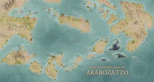 Detailed fantasy archipelago map set in the Gulf of Ikimbo. Dozens of islands, pirate coves, and ancient ruins make this perfect for sea exploration, naval quests, and archipelago-based campaigns in worldbuilding maps.