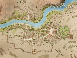 River city map of Sarranda, showing walls, palaces, gardens, and a vibrant settlement layout. A versatile fantasy city for trade-centered campaigns, political intrigue, or magical conspiracies in a desert kingdom.