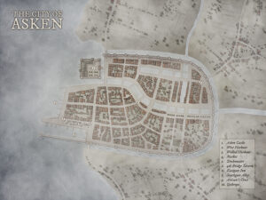 Fog-shrouded port city of Asken, fortified with walls, bridges, and a bustling harbor. Includes key landmarks like Asken Castle, the Eastgate Inn, and Southgate Alley—perfect for grim urban campaigns and portside plots.