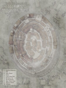 Foggy oval-shaped village of Orillant, enclosed by concentric buildings and walls. Home to a well, stables, guard posts, and chapels—ideal for rural drama, siege scenarios, or hidden secrets in remote towns.