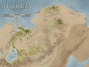Desert-style fantasy map of Eastern Olorlay, highlighting barren valleys, lost cities, and ancient ruins. Features clans of Wolfgar and the riverlands of Mersas—ideal for mythic lore, relic hunts, and faction politics.