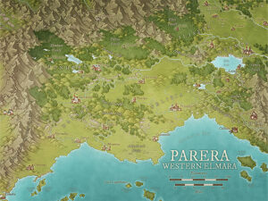 Vivid regional map of Parera in Western Elmara, showcasing dense forests, highland valleys, river cities, and coastal ports. Great for classic fantasy storytelling involving kingdoms, travel routes, and territorial intrigue.