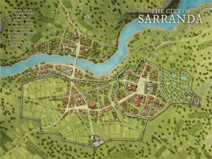 Vibrant city map of Sarranda in full daylight, divided by a river and layered with palace districts, gardens, and fortified walls. Perfect for political fantasy campaigns, royal plots, or city-based worldbuilding.