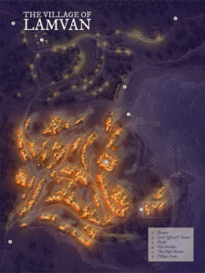 Night map of Lamvan in flames, showing a village under siege or destruction. Evocative setting for escape quests, invasion plots, or disaster-driven fantasy storytelling.
