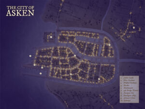 Fantasy night map of the city of Asken, featuring walled harbors, winding market streets, inns, and Asken Castle. Ideal for urban intrigue, coastal trade campaigns, or stealth-based night missions in a foggy port city.