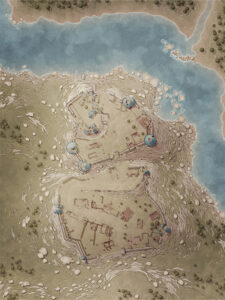 Detailed overhead map of a coastal village built along a rocky river bluff, with towers and shoreline structures – great for waterfront RPG scenarios, stronghold missions, and fantasy campaign settings.