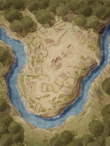 Fantasy battlemap of a ruined settlement atop a cliff ringed by a winding river. Ideal for ancient ruin exploration, ambush encounters, or mysterious archaeological digs in remote forested valleys.