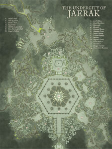 Massive underground city map of Jaerak, with noble halls, old bazaars, and the “Heart of the Mountain.” Perfect for dwarven realms, subterranean intrigue, or deep delves beneath the mountain roots.