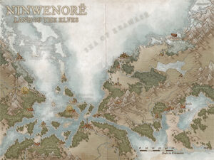 Mythical fantasy map of Ninwenorë, the Elven homeland. Features enchanted forests, mountain citadels, and sea-spanning elven kingdoms. Perfect for high-magic campaigns, lore-rich exploration, and elegant ancient realms.