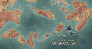 Detailed archipelago map of Arabozatzo, showing dozens of islands scattered across the Gulf of Ikimbo. Ideal for sea-faring adventures, pirate dens, and ancient ruin exploration across mysterious isles.