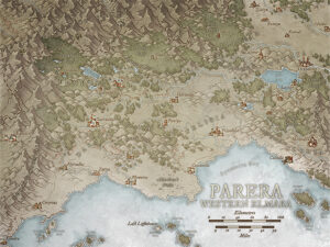 Fantasy regional map of Parera in Western Elmara, showing noble cities, forests, bays, and trade routes. Great for realm-wide quests, political maneuvering, and noble house drama.