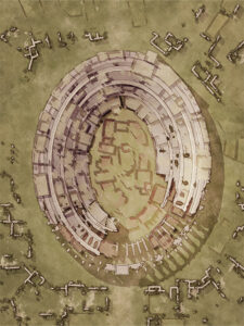 Mystery hilltop settlement with multi-tiered ruins and concentric structures. Perfect for ancient mystery scenarios, cursed excavation sites, or forgotten civilizations.