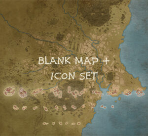 Customizable fantasy map with blank terrain and icon set for cities, temples, ruins, and more. Ideal for GMs and worldbuilders creating bespoke adventures or player-driven campaigns.