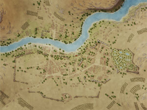Colorful desert town straddling a fertile river, surrounded by orchards and walls. Great for trade routes, caravan stops, or peaceful communities amid harsh terrain.