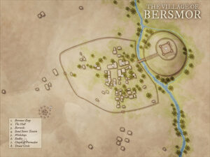 Desert village map of Bersmor featuring a raised keep, druid circle, and sparse structures. Perfect for tribal politics, remote desert mysteries, or druidic rites beneath an arid sky.
