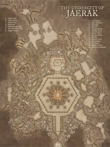 Underground fantasy city map of Jaerak, featuring ancient halls, crumbling tunnels, and hidden courts. Perfect for underdark campaigns, dwarven politics, or secret cult intrigues beneath a mountain stronghold.
