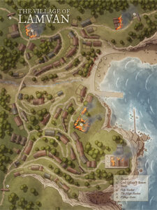 Nighttime village map of Lamvan in flames, showing burning buildings and coastal defenses. Great for invasion campaigns, escape scenarios, or dramatic turning points in a fantasy war.