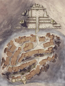Fantasy map of a cliffside town with stone buildings and a mysterious temple embedded in the rocky mountain – perfect for religious intrigue, ancient ruins exploration, and high fantasy encounters.