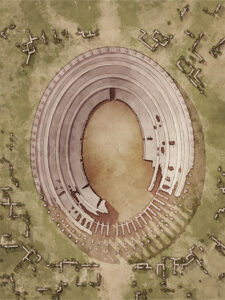 Fantasy map of a ruined amphitheater surrounded by scattered relics and overgrown remains. Great for archaeological encounters, lost civilization themes, or dramatic showdowns in ancient venues.