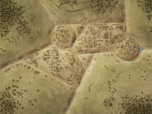 Overhead map of three-ringed ruins scattered across grassy plains. Excellent for ancient warzones, forgotten cities, or mystery-laden excavation missions in open terrain.