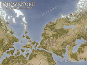 Fantasy map of the elven realm Ninwenorë featuring glowing forests, ancient cities like Elunore and Calinsteele, and the Islands of the Frozen Waste – ideal for high fantasy settings.