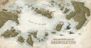 Fantasy island chain map of Arabozatzo, scattered across the Gulf of Ikimbo with hidden ports, sea monsters, and mysterious ruins. Perfect for naval campaigns, pirate hideouts, and ocean-crossing adventures.