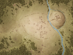 Ruined settlement and hillfort map in open plains beside a river. Perfect for excavation plots, ancient secrets, or conflict over long-lost lands.