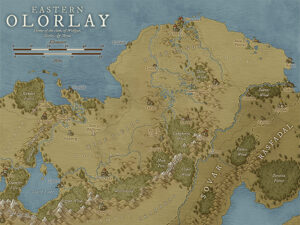 Fantasy regional map of Eastern Olorlay, featuring forests, rivers, and ancient mountains. Ideal for roaming clans, hidden temples, and adventures through contested lands.